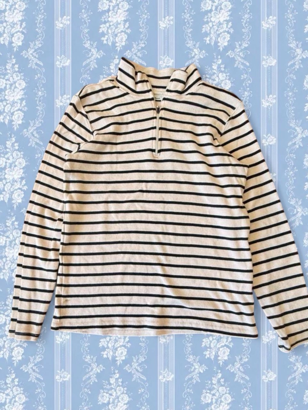 L.L. Bean Cream and Black Striped Half-Zip Turtleneck Sweater